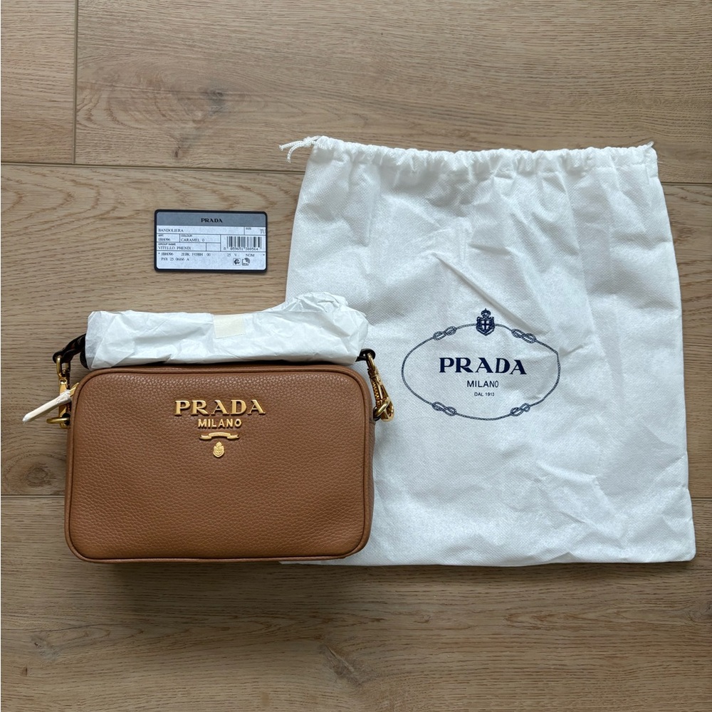 NEW Prada Bandoliera Vitello Phenix Leather Crossbody Bag Web Strap, Caramel